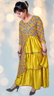 Picture of FEG08 Silk Triple Layer Frill Long Frock In Mustard Color