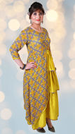 Picture of FEG08 Silk Triple Layer Frill Long Frock In Mustard Color