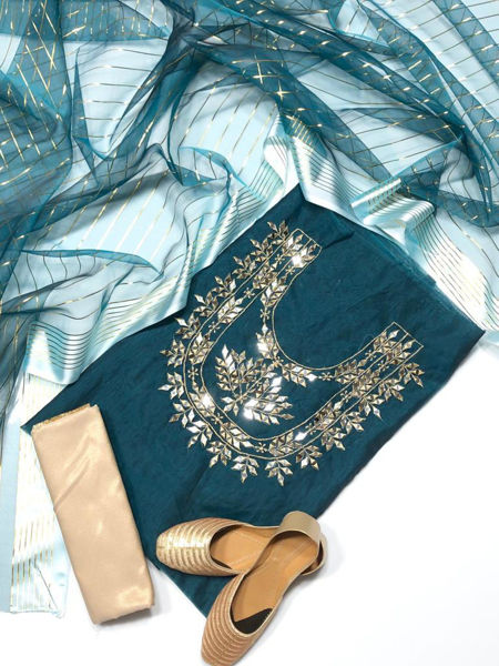 Picture of ZS08 Organza Mirror Work Shirt With Trouser In Dark Green Color