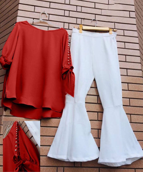 Picture of ZS28 Cut Sleeve Shirt In Red Color With White Trouser