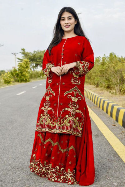 Picture of ZS46 2 Piece Chiffon Sharara In Red Color