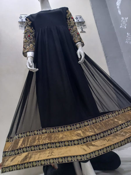 Picture of ZS48 Heavy Sleeve Handwork Embroidery Long Chiffon Maxi In Black Color