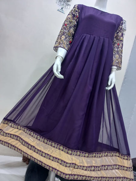 Picture of ZS49 Heavy Sleeve Handwork Embroidery Long Chiffon Maxi In Purple Color
