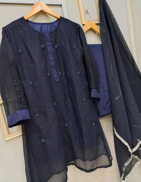 Picture of ZS50 3 Piece Chiffon Pearl Work Dress In Dark Blue Color