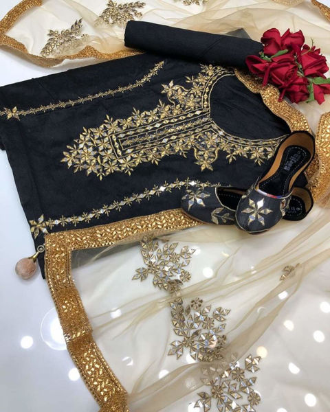 Picture of ZS52 3 Piece Indian Cotton Shirt With Dupatta And Trouser In Black Color