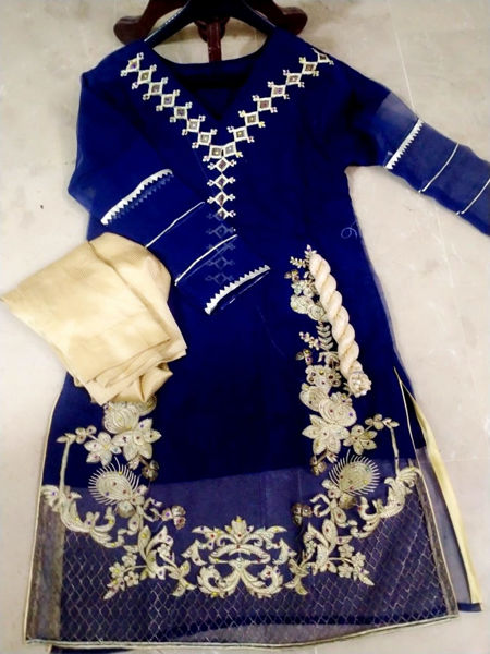 Picture of ZS79 3 Piece Organza Kurti, Dupatta And Masuri Trouser In Blue Color