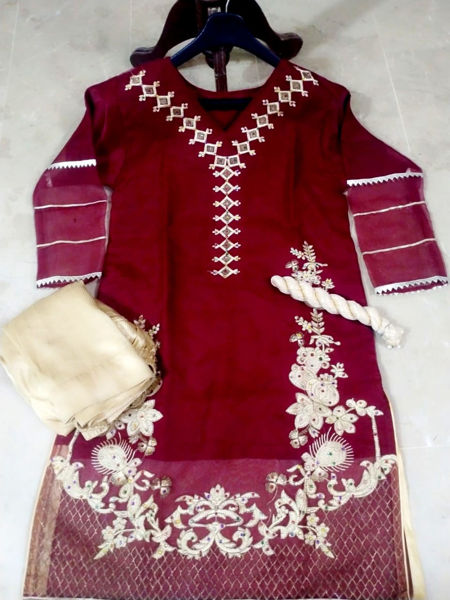 Picture of ZS80 3 Piece Organza Kurti, Dupatta And Masuri Trouser In Red Color