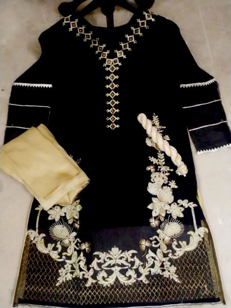 Picture of ZS81 3 Piece Organza Kurti, Dupatta And Masuri Trouser In Black Color