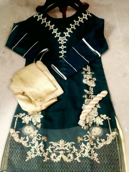 Picture of ZS82 3 Piece Organza Kurti, Dupatta And Masuri Trouser In Dark Green Color