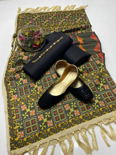 Picture of ZS88 3 Piece Cotton Silk Shirt, Trouser With Printed Shawl In Black Color