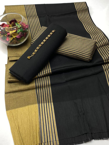 Picture of ZS92 3 Piece Banarsi Silk Shirt, Trouser With Dupatta In Black Color.