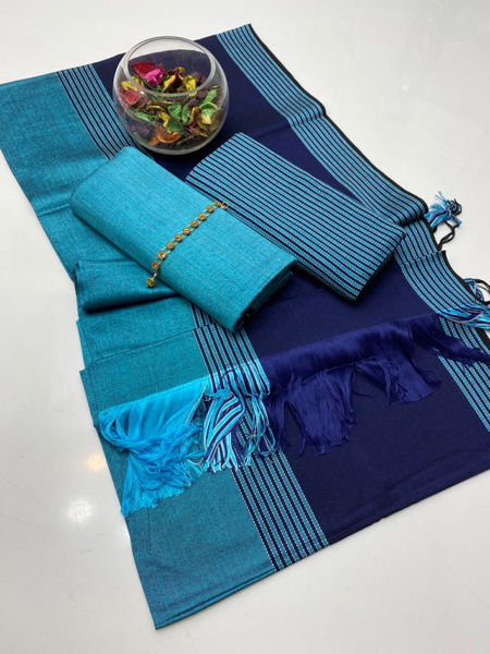 Picture of ZS94 3 Piece Banarsi Silk Shirt, Trouser With Dupatta In Light Blue Color.