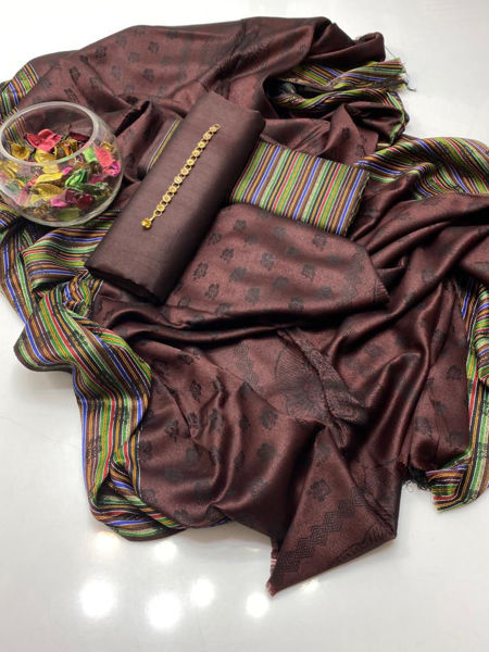 Picture of ZS95 3 Piece Banarsi Silk Shirt, Trouser With Dupatta In Chocolate Color.
