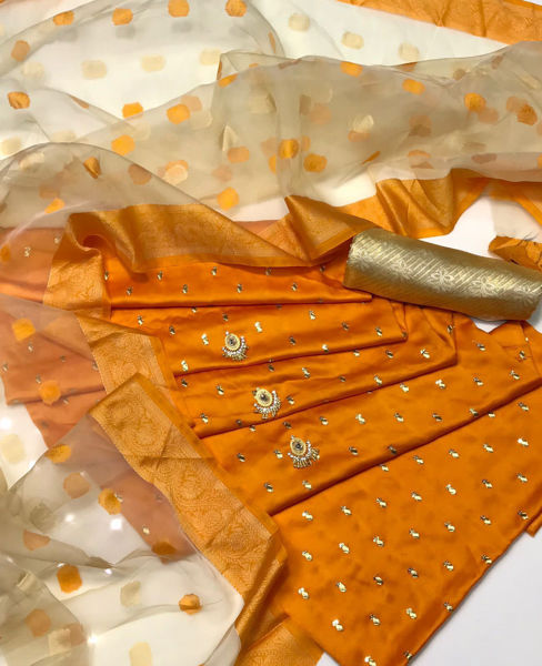 Picture of ZS97 3 Piece Silk Embroidered Shirt, Organza Banarsi Dupatta With Jamawar Trouser In Orange Color