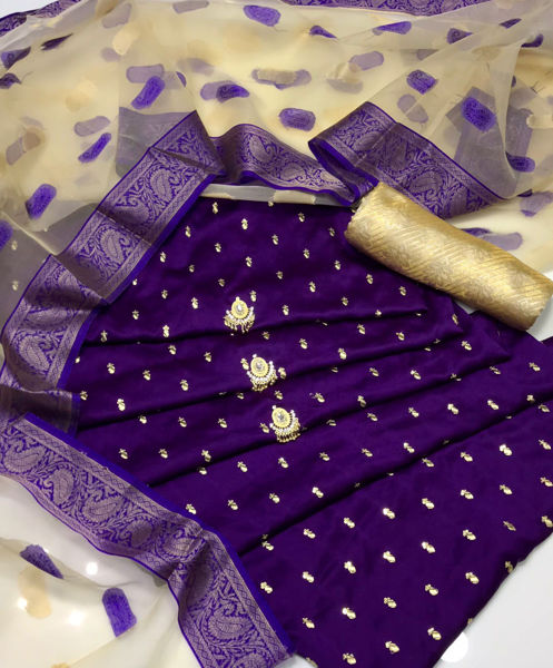 Picture of ZS98 3 Piece Silk Embroidered Shirt, Organza Banarsi Dupatta With Jamawar Trouser In Purple Color