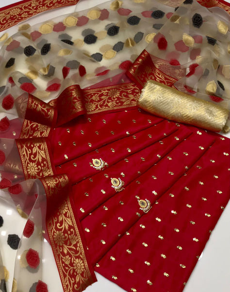 Picture of ZS99 3 Piece Silk Embroidered Shirt, Organza Banarsi Dupatta With Jamawar Trouser In Red Color