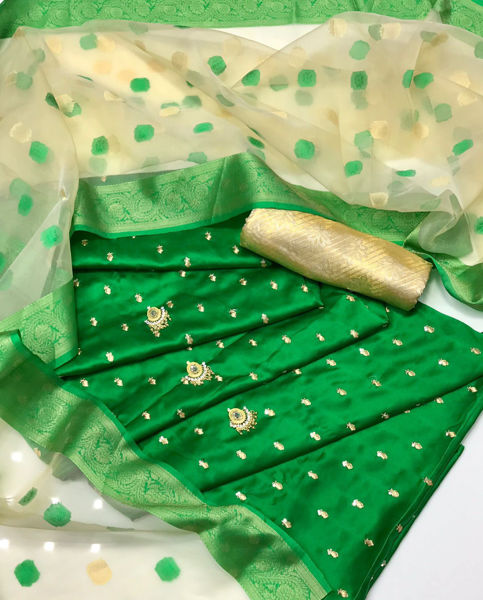 Picture of ZS100 3 Piece Silk Embroidered Shirt, Organza Banarsi Dupatta With Jamawar Trouser In Green Color