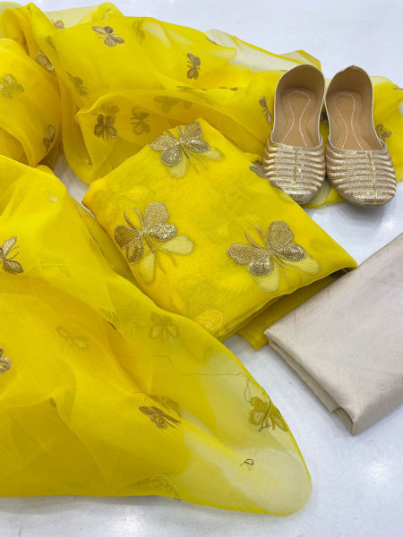 Picture of ZS104 3 Piece Organza Unstitched Dress In Yellow Color
