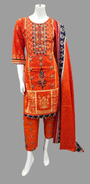 Picture of ZS120 3 Piece Lawn Suit With Heavy Embroidery In Orange Color