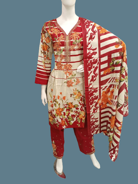 Picture of ZS121 3 Piece Lawn Suit With Heavy Embroidery In Maroon Color