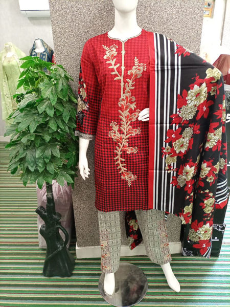 Picture of ZS124 3 Piece Lawn Suit With Heavy Embroidery In Maroon Color