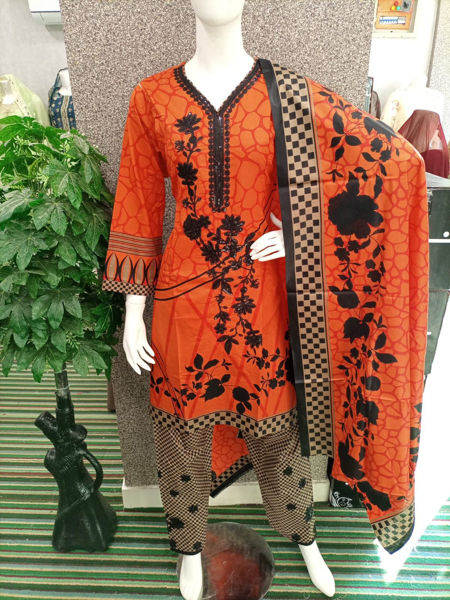 Picture of ZS125 3 Piece Lawn Suit With Heavy Embroidery In Orange Color