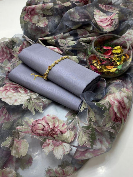 Picture of ZS130 3 Piece Cotton Silk Shirt, Dupatta With Trouser In Gray Color