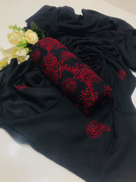 Picture of ZS132 3 Piece Linen Hand Work Shirt, Dupatta With Plain Trouser In Black Color