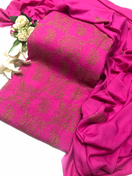Picture of ZS134 3 Piece Linen Hand Work Shirt, Dupatta With Plain Trouser In Pink Color