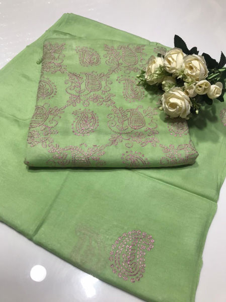 Picture of ZS135 3 Piece Linen Hand Work Shirt, Dupatta With Plain Trouser In Light Green Color