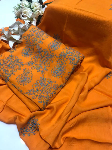Picture of ZS136 3 Piece Linen Hand Work Shirt, Dupatta With Plain Trouser In Orange Color