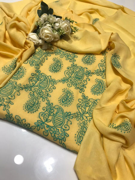 Picture of ZS137 3 Piece Linen Hand Work Shirt, Dupatta With Plain Trouser In Light Yellow Color