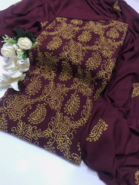 Picture of ZS138 3 Piece Linen Hand Work Shirt, Dupatta With Plain Trouser In Purple Color