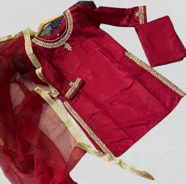 Picture of ZS147 3 Piece Silk Shirt, Dupatta And Trouser In Maroon Color