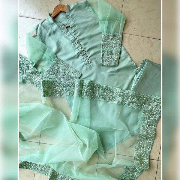 Picture of ZS150 3 Piece Silk Full Border Embroidery Dress In Light Green Color