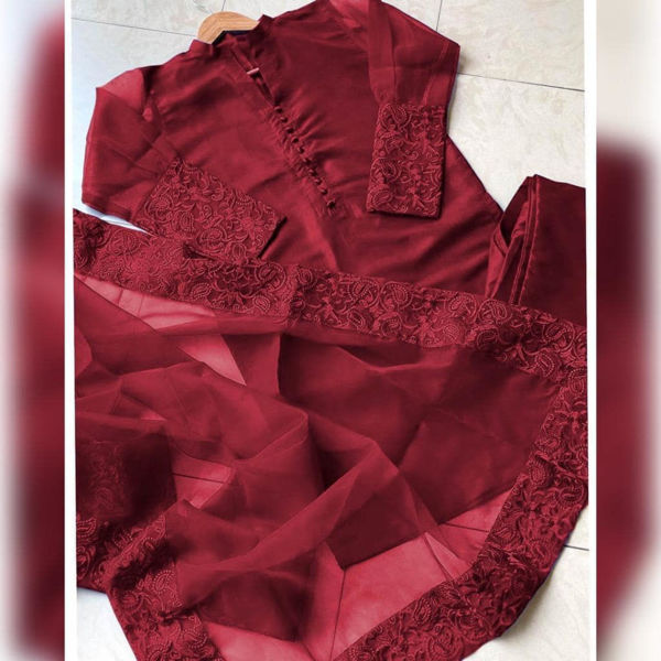 Picture of ZS151 3 Piece Silk Full Border Embroidery Dress In Maroon Color
