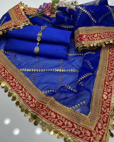 Picture of ZS154 3 Piece Indian Organza Embroidery Work Shirt, Dupatta And Trouser In Blue Color