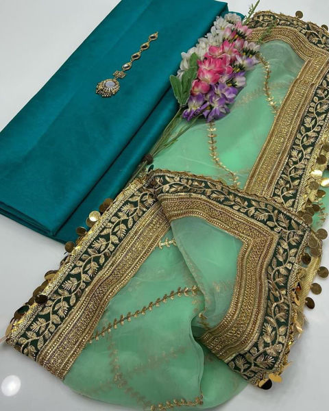 Picture of ZS156 3 Piece Indian Organza Embroidery Work Shirt, Dupatta And Trouser In Dark Green Color
