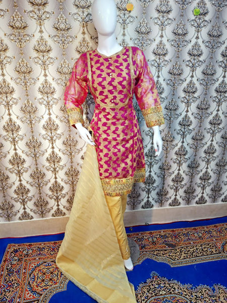 Picture of ZS158 3 Piece Beautiful Jacquard Shirt, Trouser And Dupatta In Pink Color