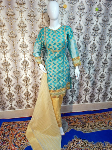 Picture of ZS159 3 Piece Beautiful Jacquard Shirt, Trouser And Dupatta In Sky Blue Color
