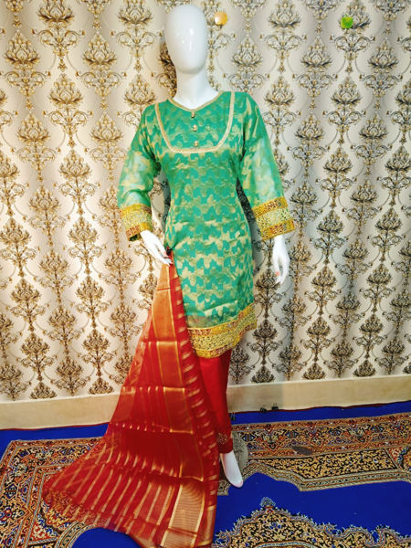 Picture of ZS160 3 Piece Beautiful Jacquard Shirt, Trouser And Dupatta In Green Color