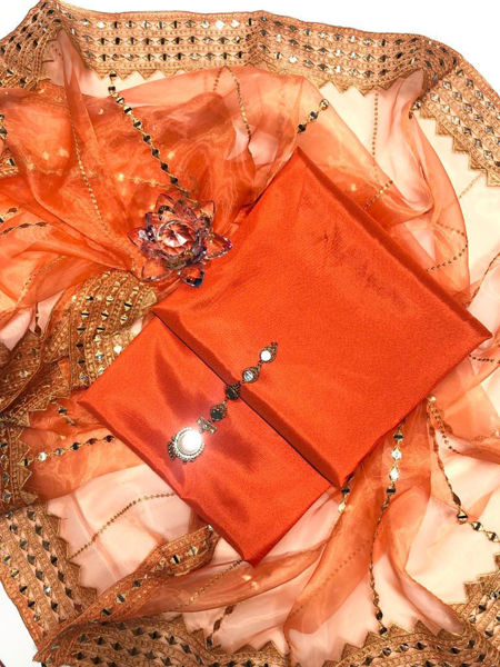Picture of ZS166 3 Piece Beautiful Cotton Silk Shirt, Trouser And Dupatta In Orange Color