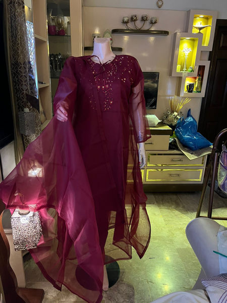 Picture of ZS171 Organza Maxi, Trouser And Dupatta In Maroon Color